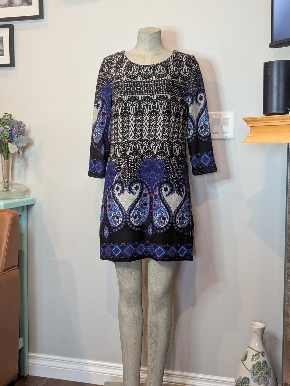Papa Vancouver Black & Purple Paisley Patterned Shift Dress Soft Knit Size Large